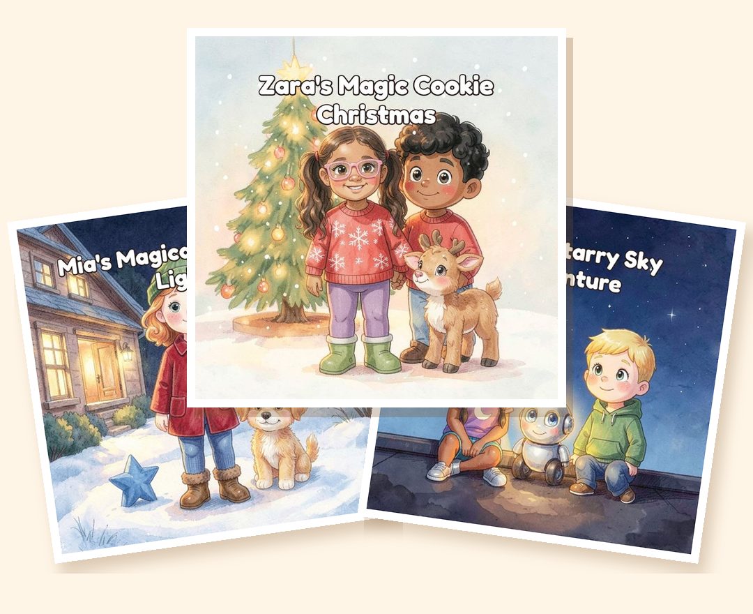 Three storybook covers made for made-up children